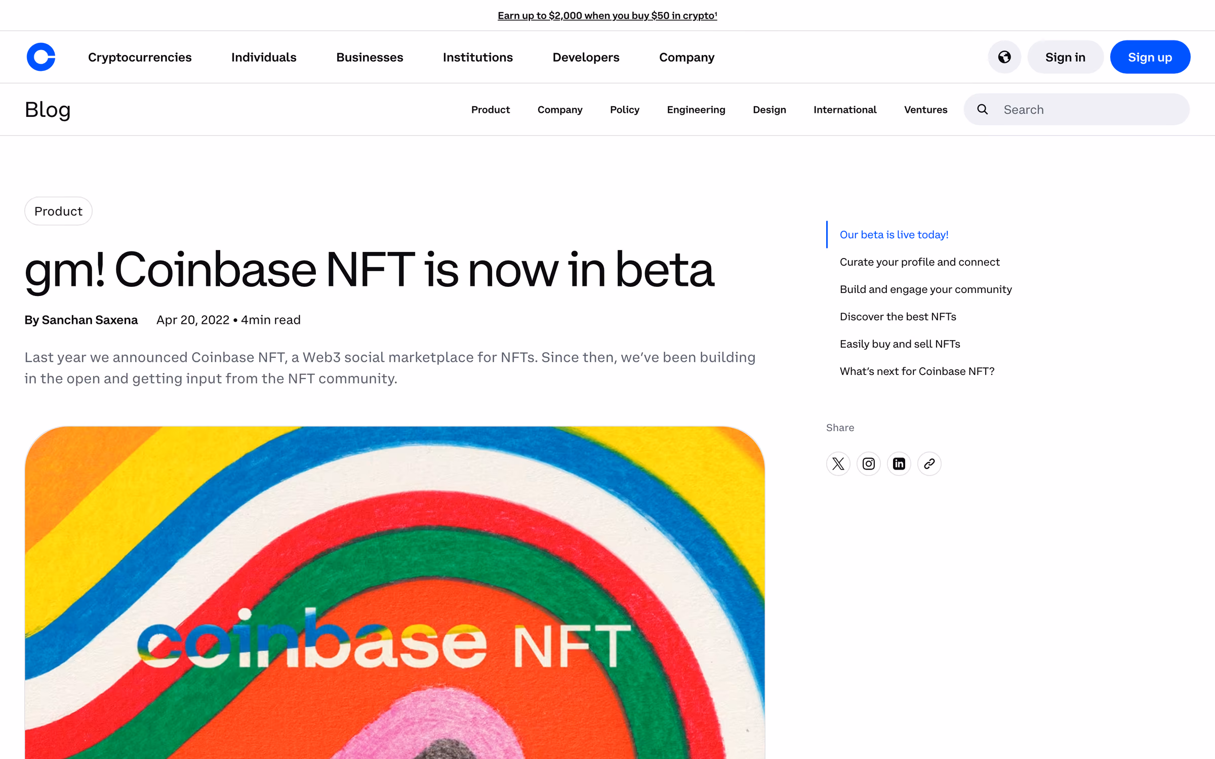 Coinbase blog post "gm! Coinbase NFT is now in beta", dated April 20, 2022, with rainbow hero art