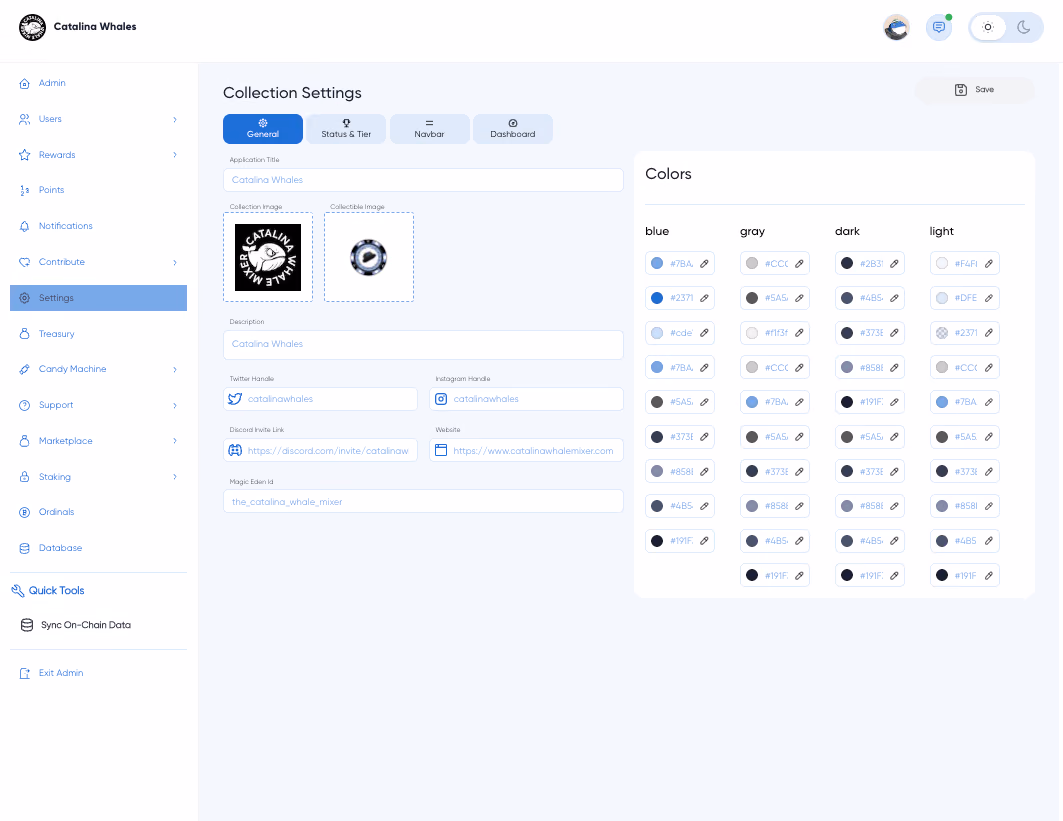 Admin collection settings: the portal's title, images, social links and a four-column color palette, all editable