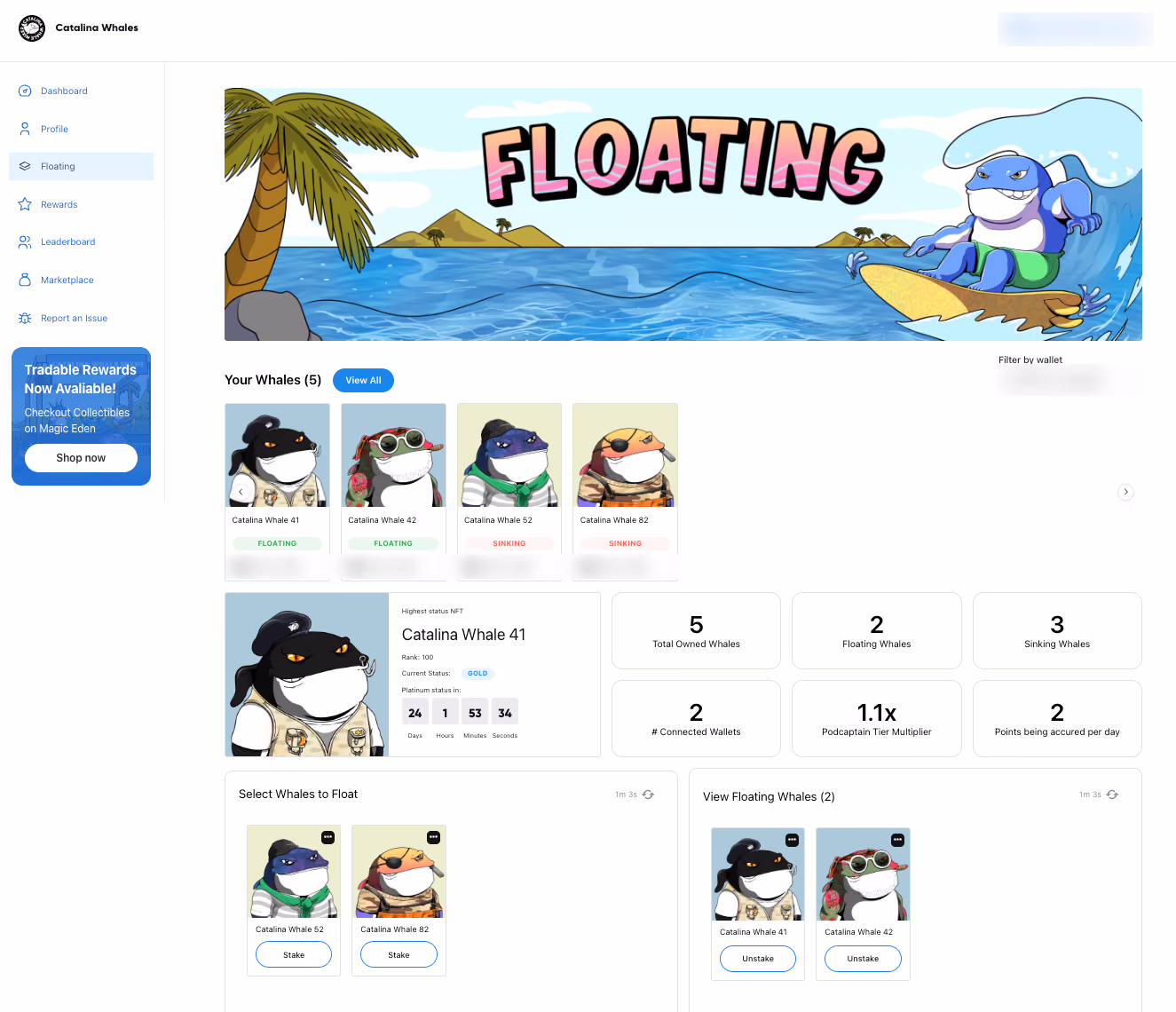 Floating staking page: a surfing-whale Floating banner, the holder whales marked floating or sinking, their stats and stake controls; wallets blurred