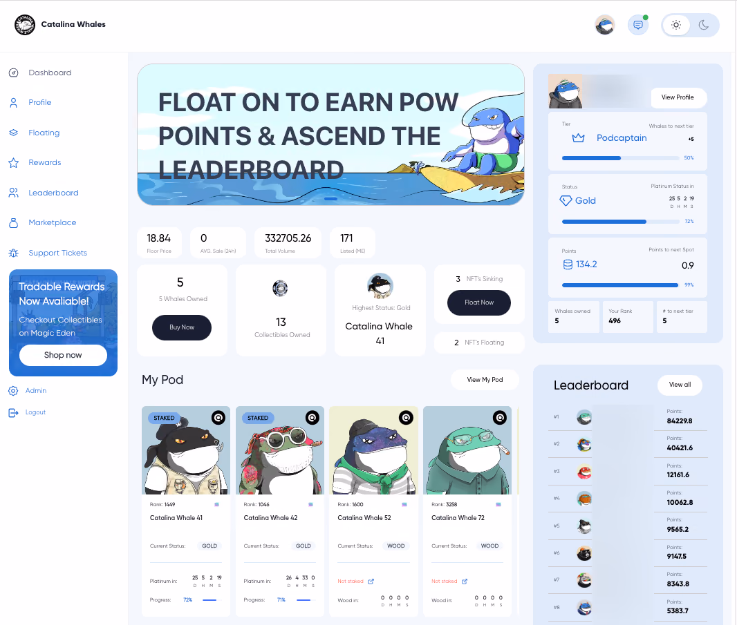 Catalina Whale Mixer holder dashboard: a Float On banner, collection stats, the holder tier and points, their staked whales and the points leaderboard; names blurred