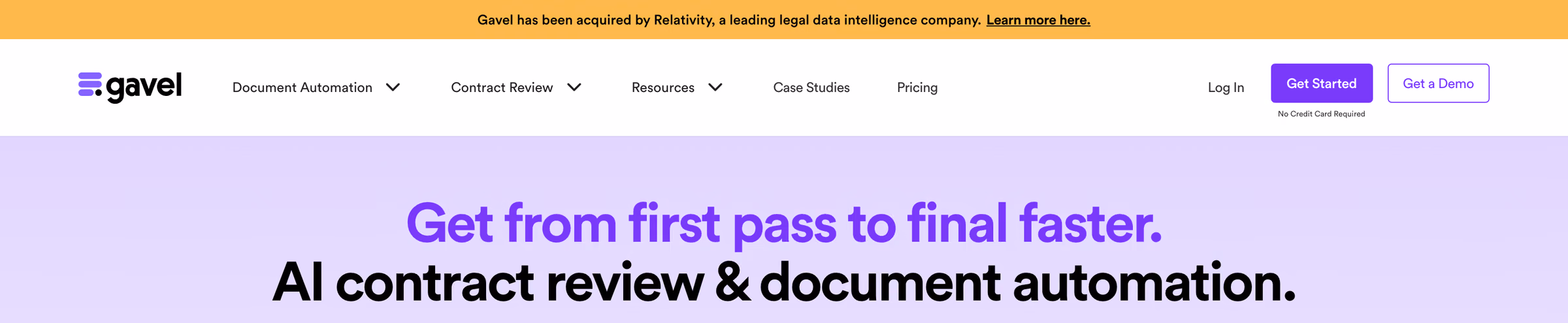 gavel.io header in Aug 2026 with the banner announcing the acquisition by Relativity, above the site headline