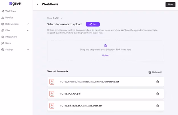 Gavel workflow step one: upload Word or PDF forms, with three court forms listed as selected documents