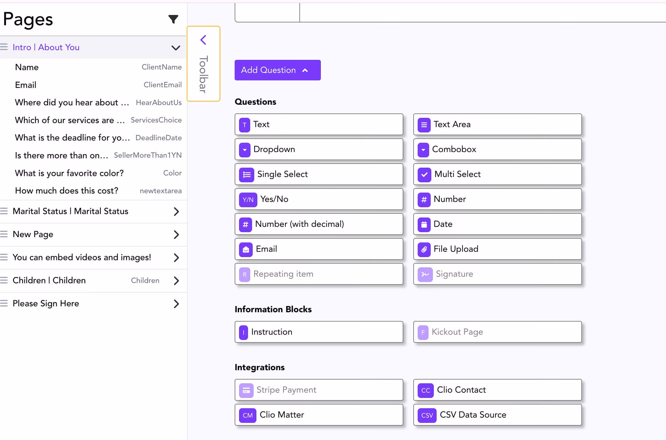 Gavel questionnaire builder: a list of pages and questions beside the palette of field types, information blocks and integrations