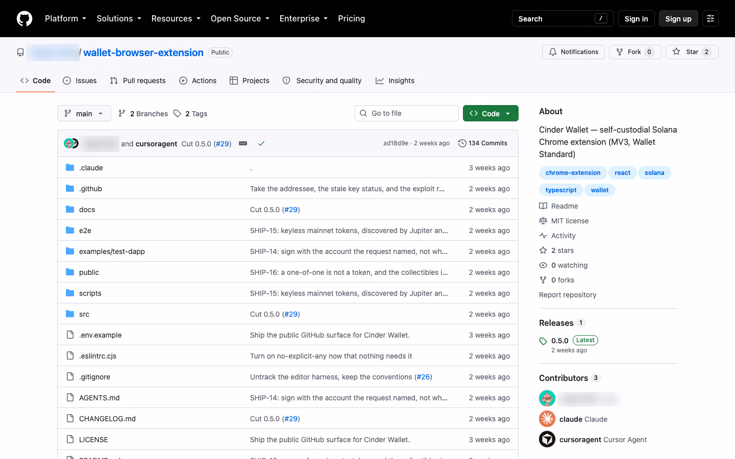 The public Cinder Wallet repository on GitHub: MIT license, the 0.5.0 release, topics and the file tree; the account name blurred