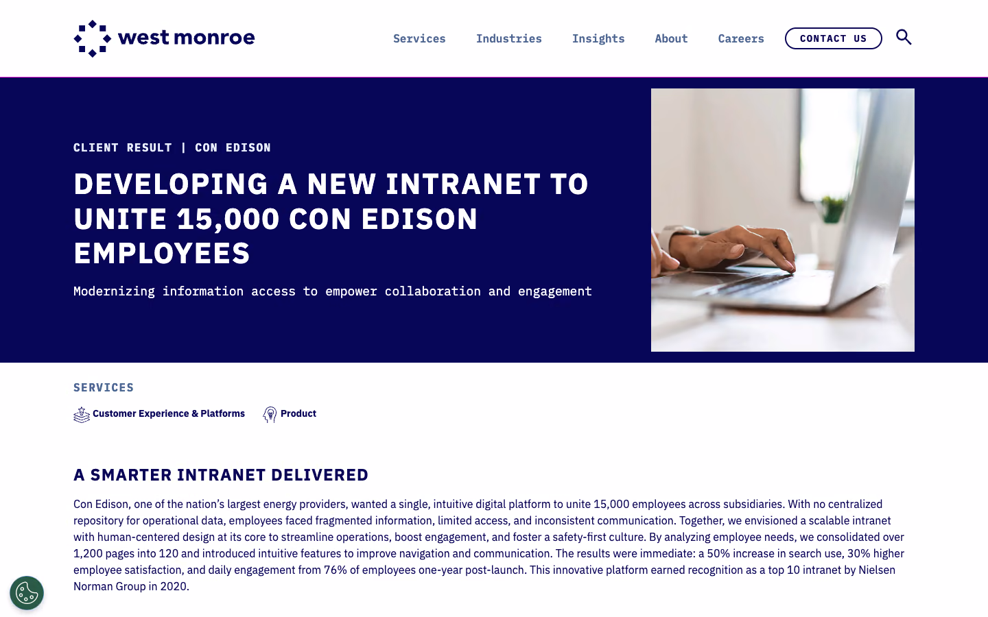 West Monroe's Con Edison client-result page about developing a new intranet for Con Edison employees
