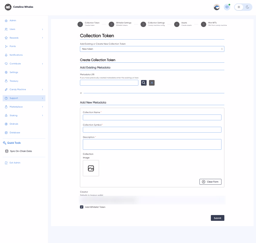 Admin candy-machine wizard, first of five steps: create a collection token with metadata; the treasury wallet field blurred