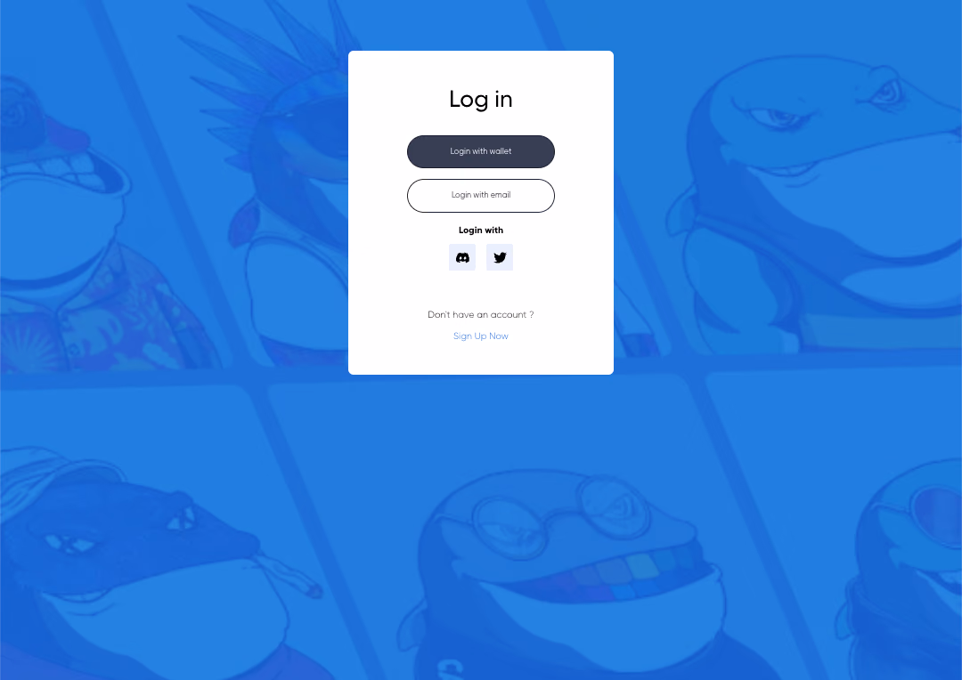 Portal sign-in card over whale art, offering wallet, email, Discord or Twitter login