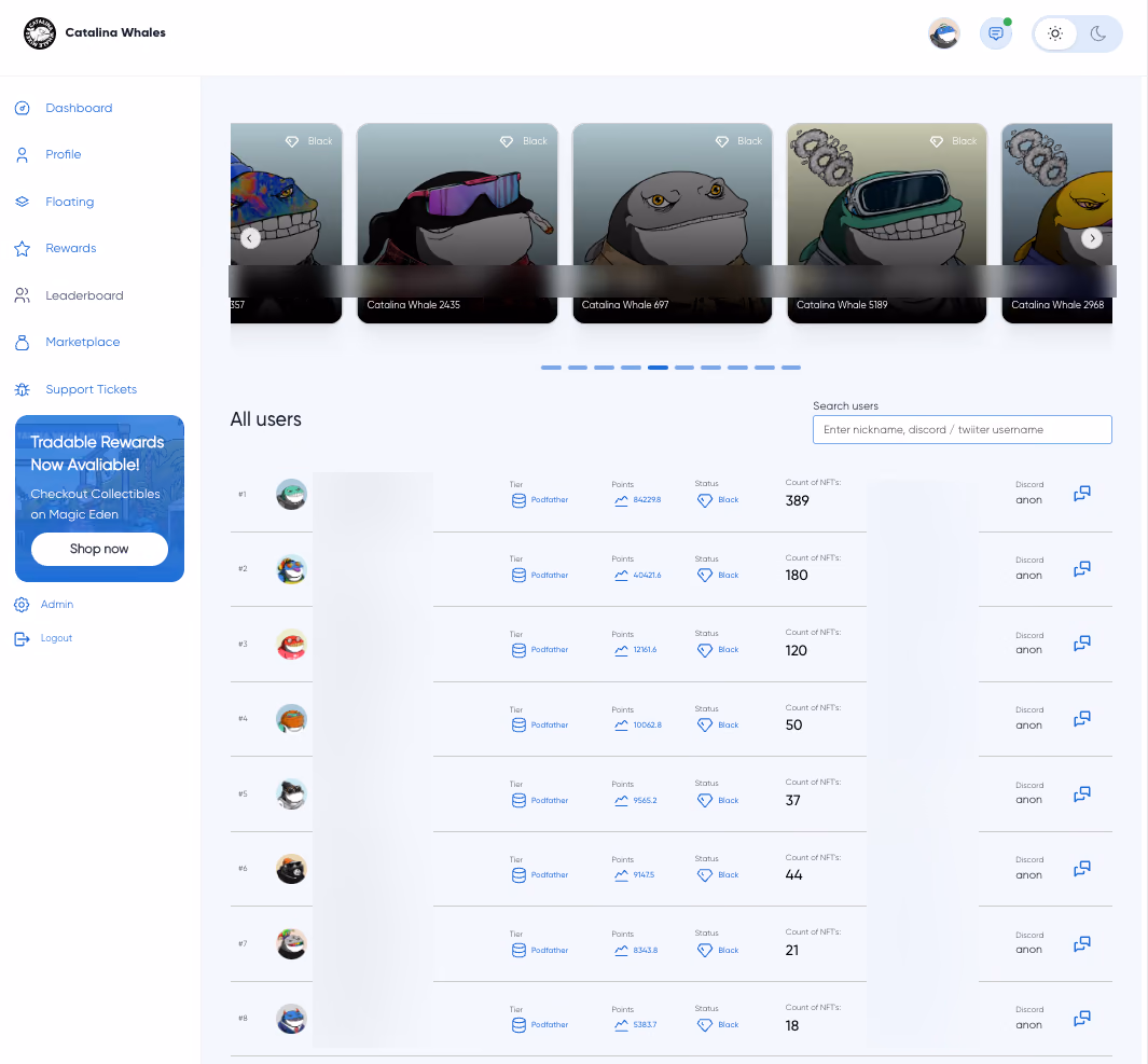 Catalina Whale Mixer points leaderboard: featured whales above a ranked list of holders with tier, points, status and NFT count; names and handles blurred