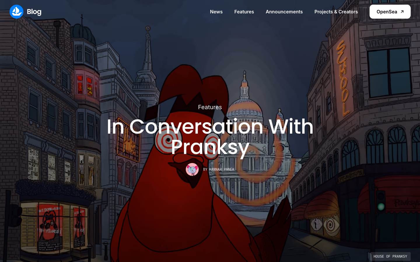 OpenSea blog feature titled In Conversation With Pranksy, over an illustrated London street