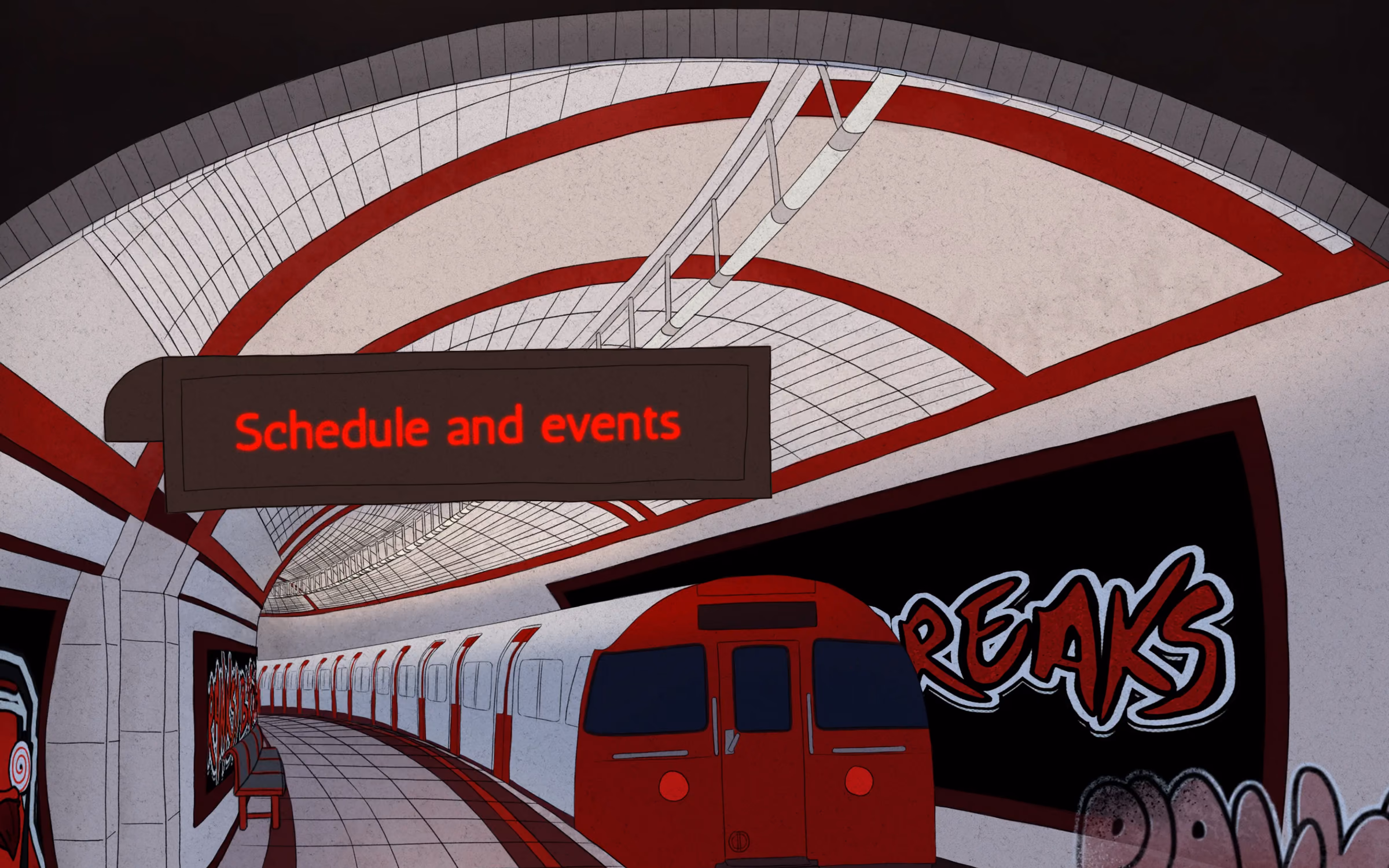 pranksybreaks.co.uk Tube platform section: a red train, Breaks graffiti and a Schedule and events sign