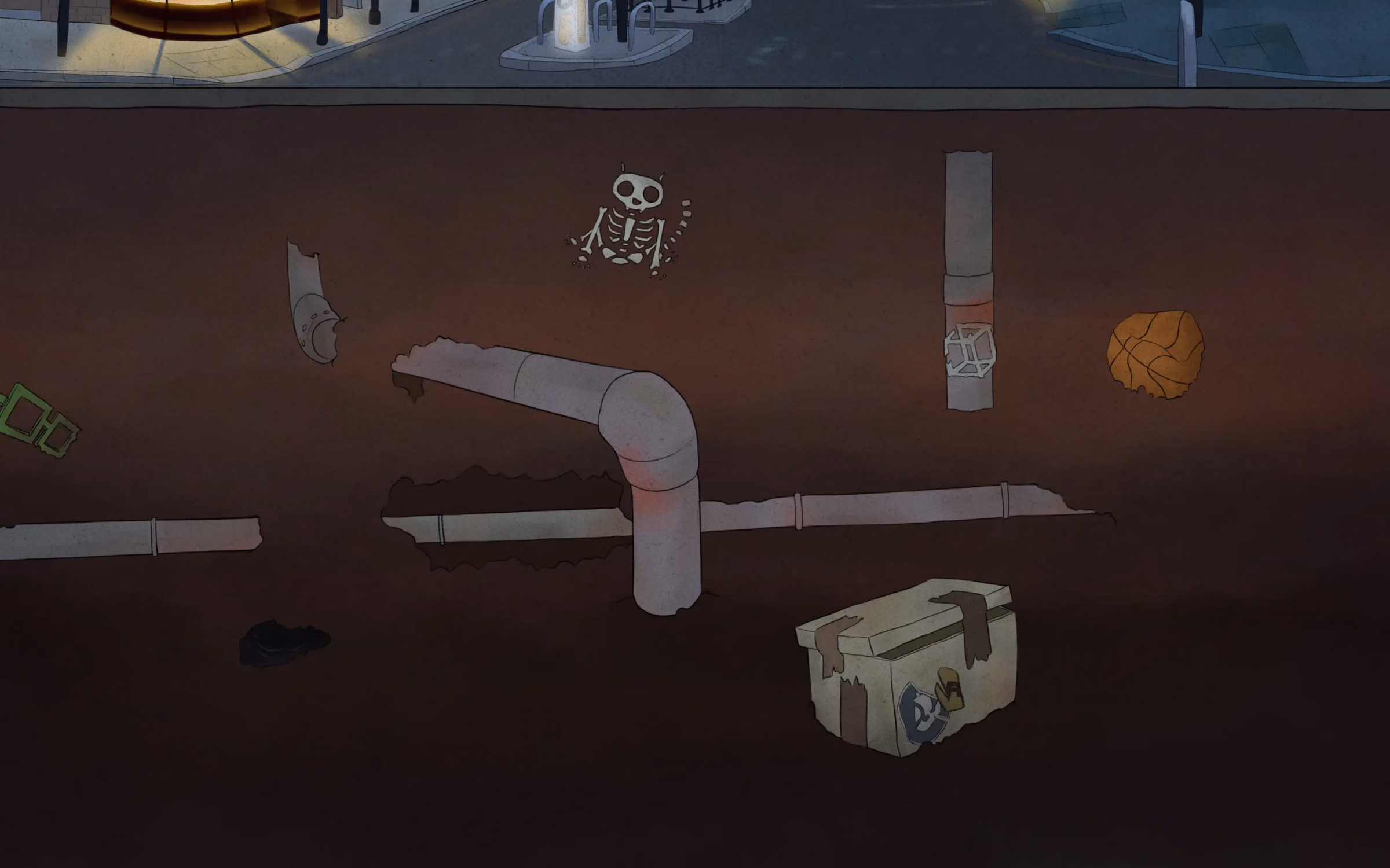 pranksybreaks.co.uk scrolled below the street: an underground cross-section with pipes, a skeleton cat and a buried crate