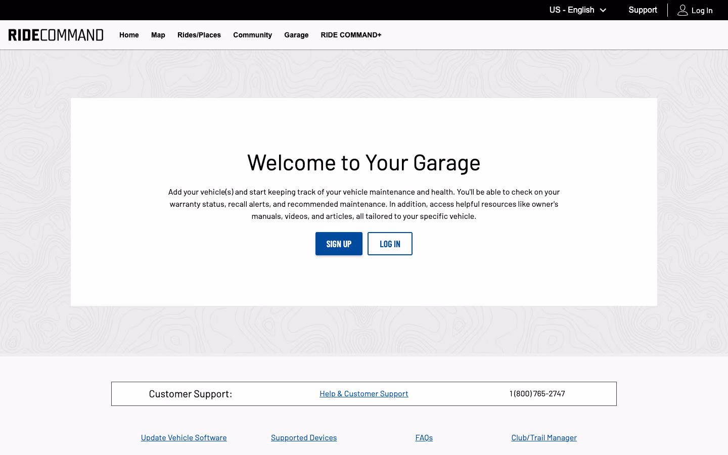 RIDE COMMAND Garage public landing page: "Welcome to Your Garage" with sign-up and log-in buttons