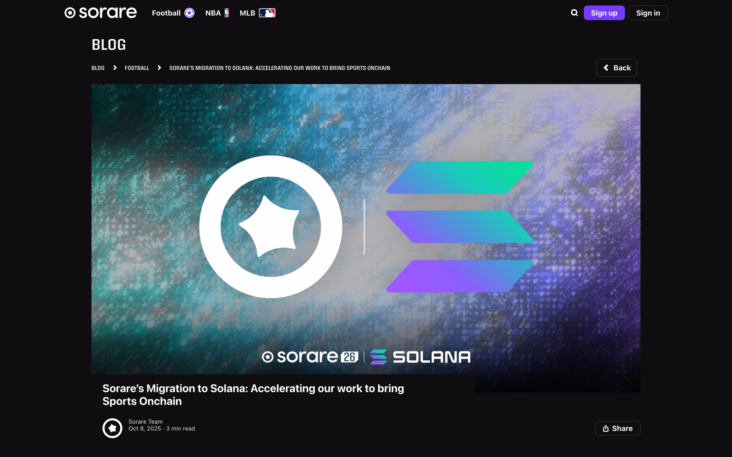 Sorare blog post announcing Sorare's migration to Solana, with Sorare and Solana logos on the hero art