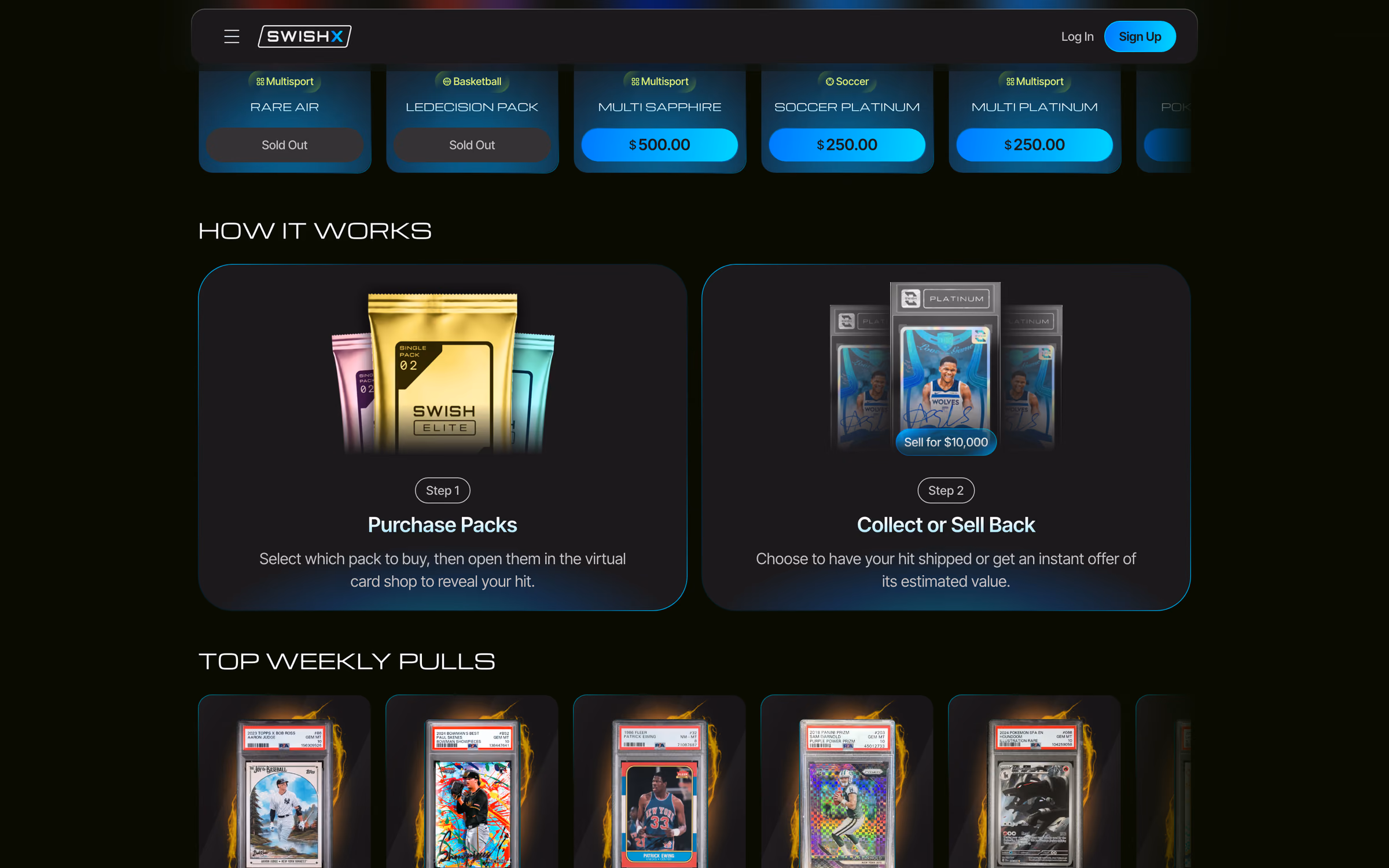 SwishX home page further down: pack prices, a two-step "How it works" (purchase packs, then collect or sell back) and top weekly pulls