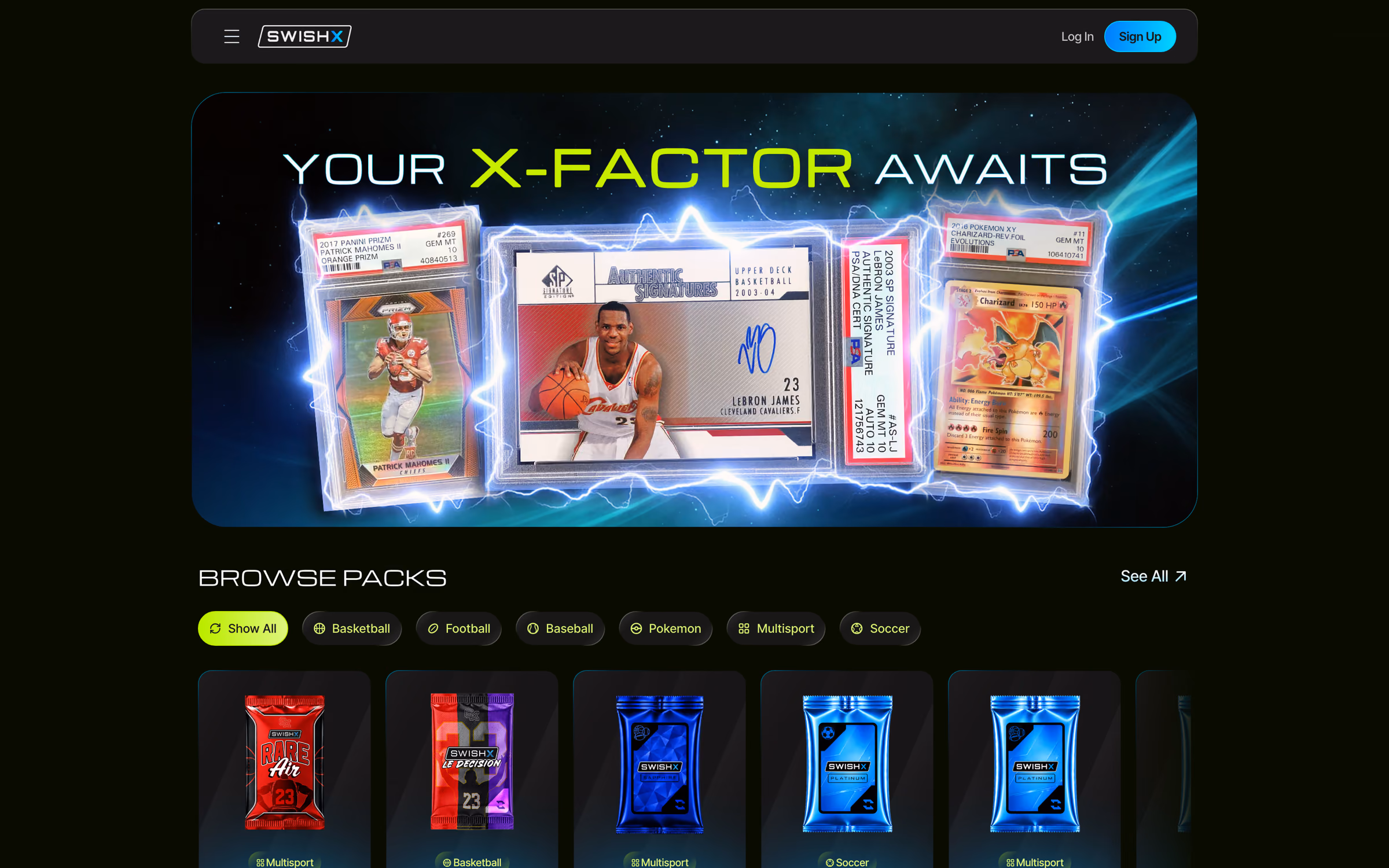 SwishX marketplace home page: the "Your X-Factor Awaits" hero with graded cards, above the Browse Packs row of sealed packs