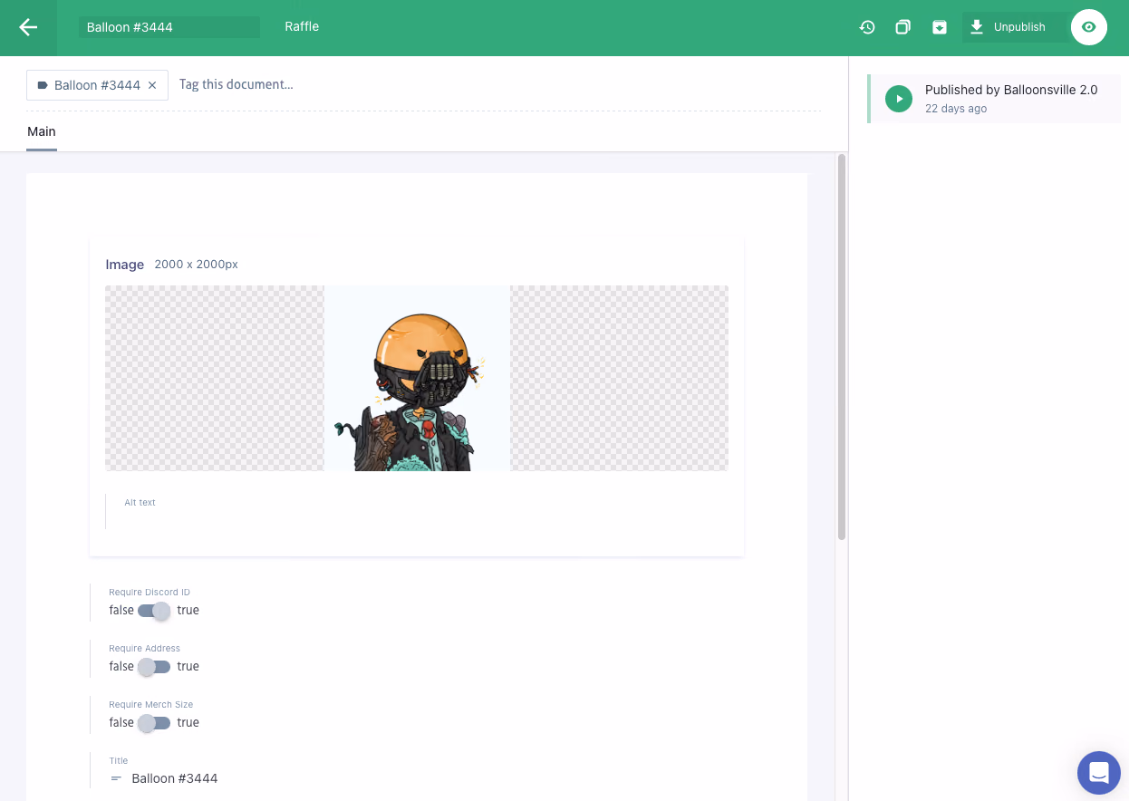 Prismic CMS raffle editor published by Balloonsville: raffle image, entry requirements toggles and title fields