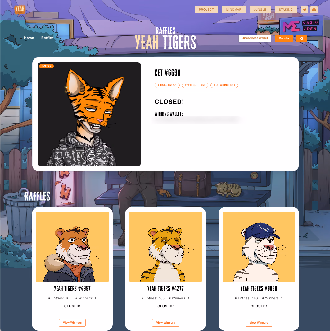 The same raffle product re-skinned for Yeah Tigers: an illustrated street scene behind a closed raffle and its tiger NFTs; winning wallet blurred