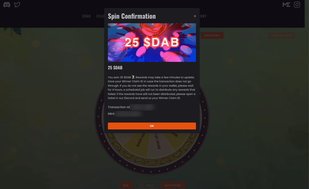 Spin confirmation dialog: a $DAB win, with a note that a scheduled job redistributes failed payouts; transaction details blurred