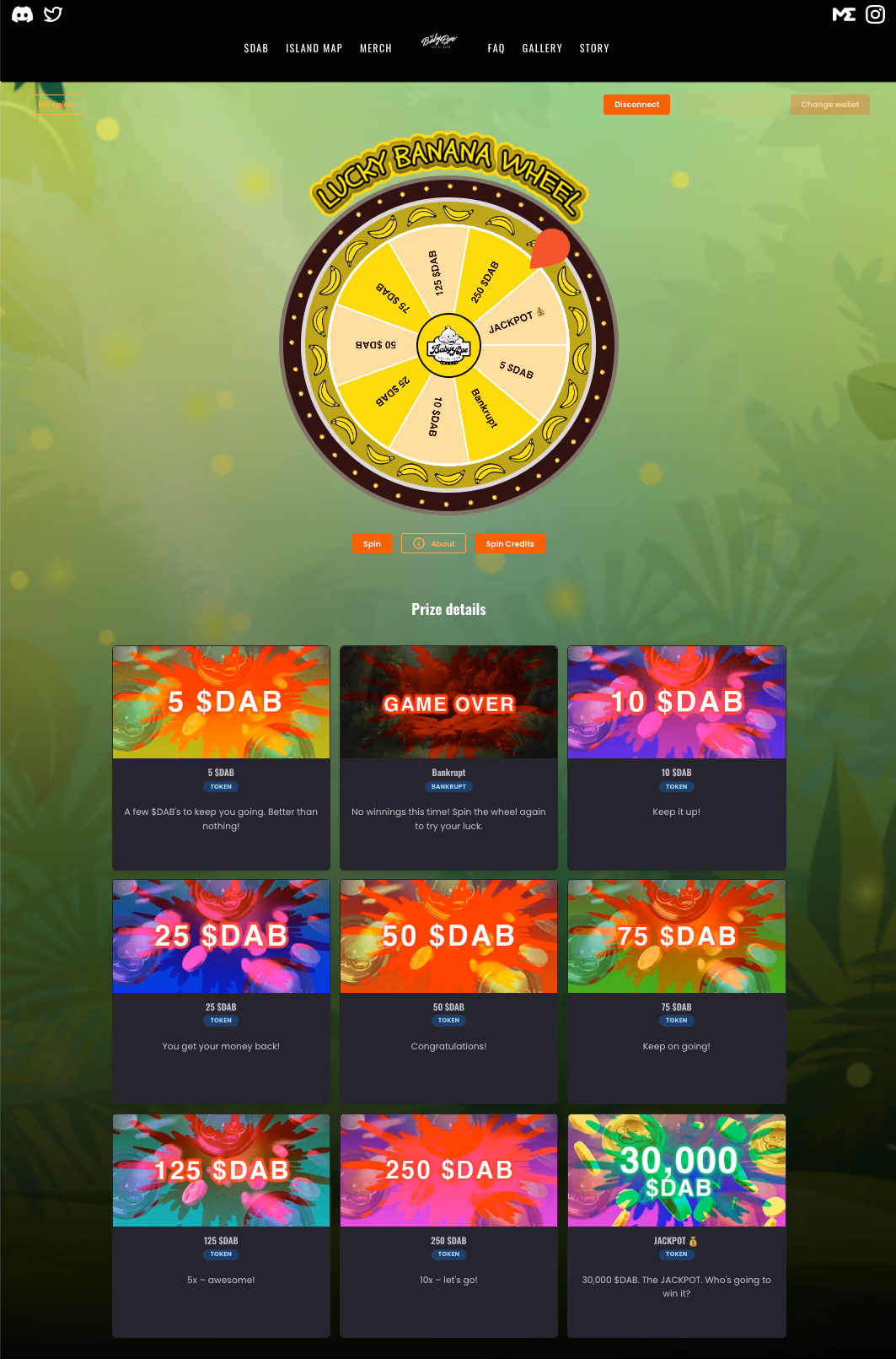 Baby Ape Social Club's Lucky Banana Wheel with $DAB prize segments, and prize cards below; wallet blurred
