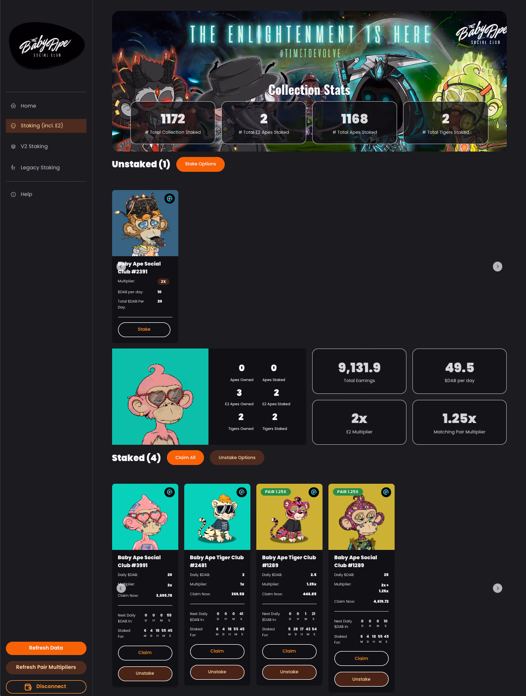 Baby Ape Social Club staking: collection stats, unstaked and staked NFTs, and apes paired with Baby Tigers showing a pair multiplier