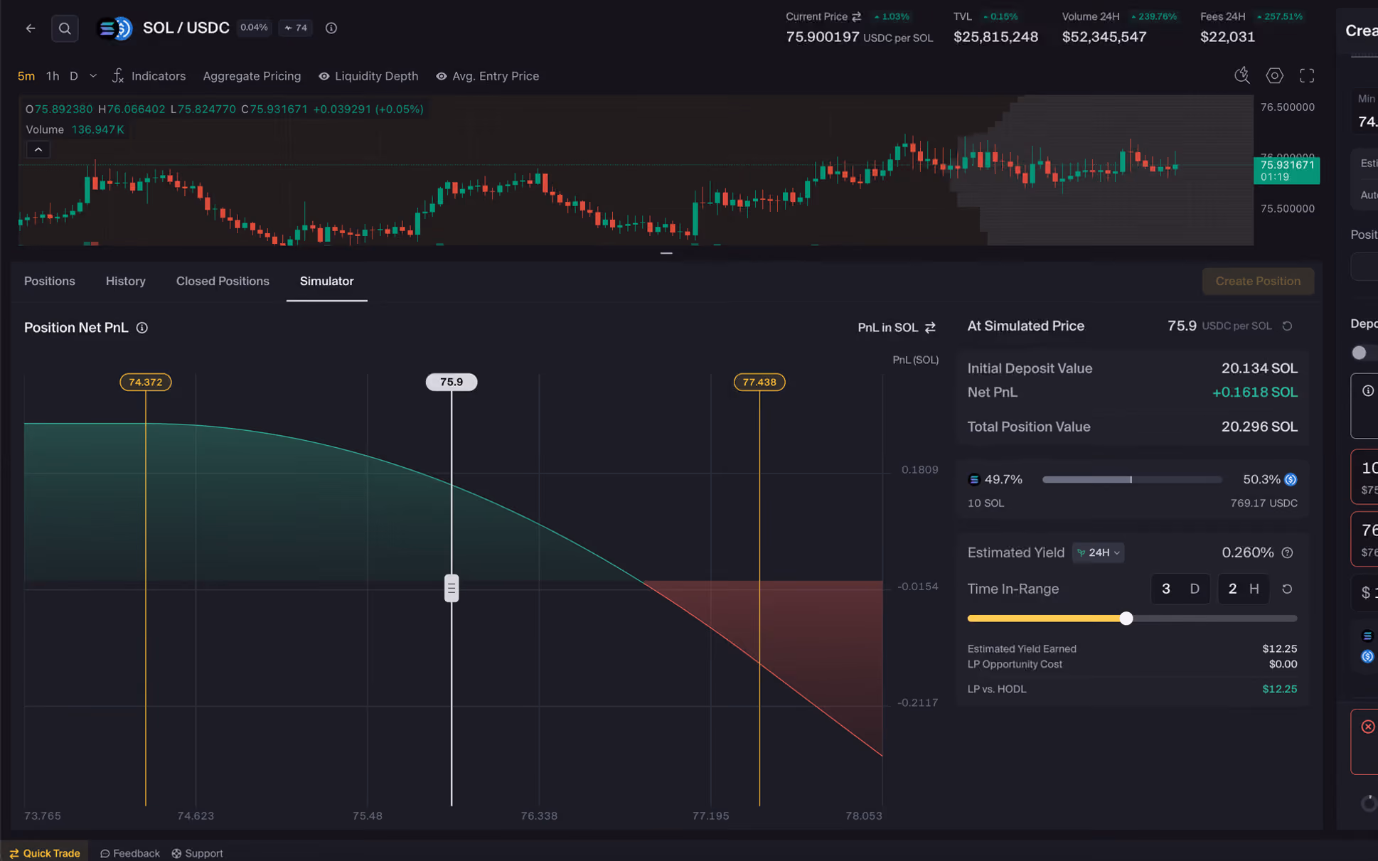 Orca's Position Simulator with a custom price range selected
